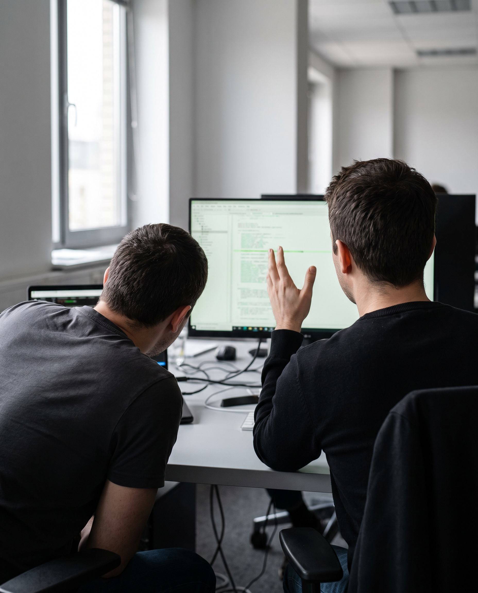 Two engineers reviewing a code diff together on one screen.