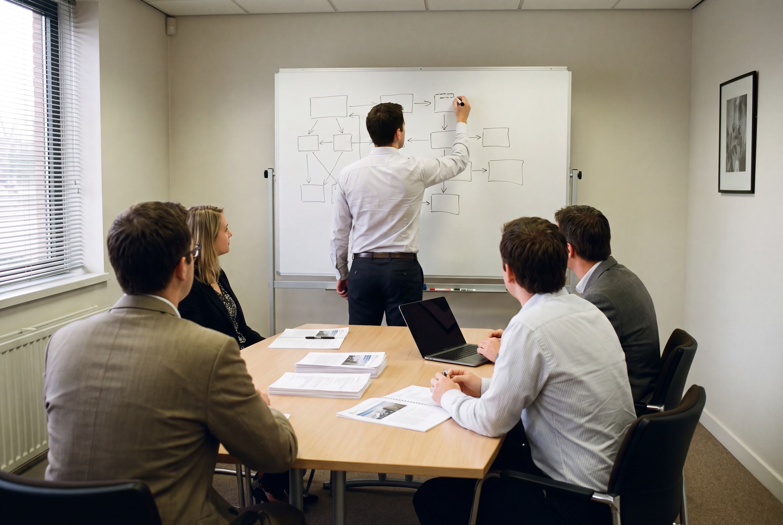 A scoping workshop, with a system architecture sketched on a whiteboard.